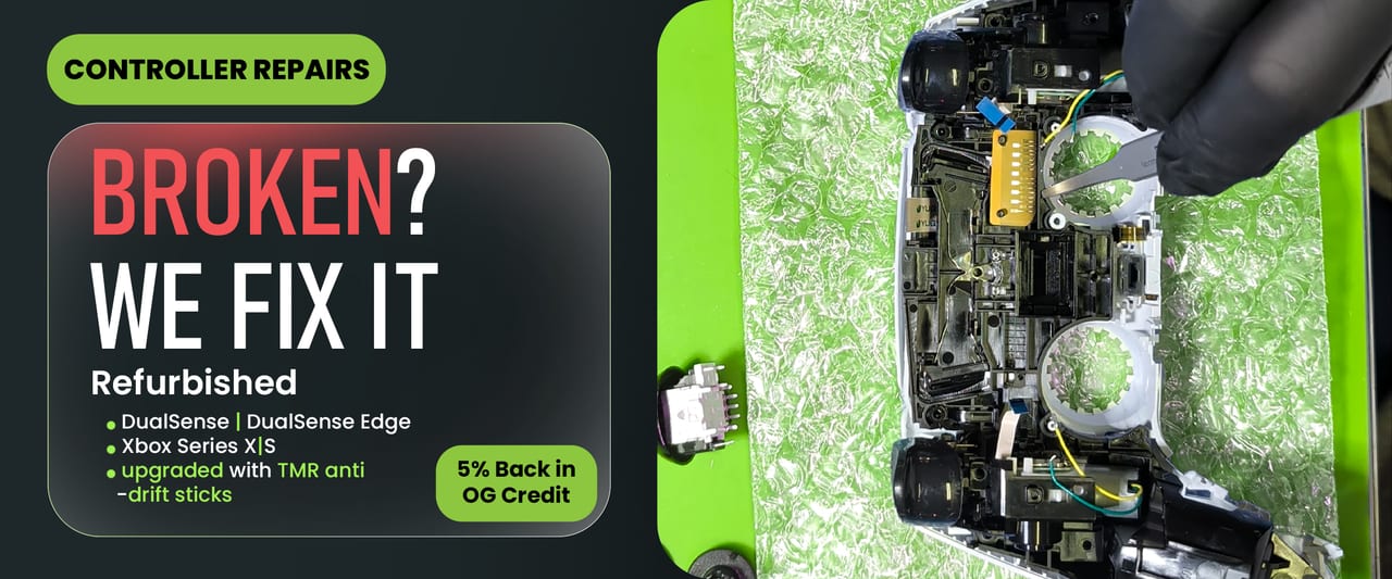 Controller repairs. Broken? We fix it. Refurbished DualSense, DualSense Edge and Xbox Series X|S controllers, upgraded with TMR anti-drift sticks. 5% back in OG Credit.