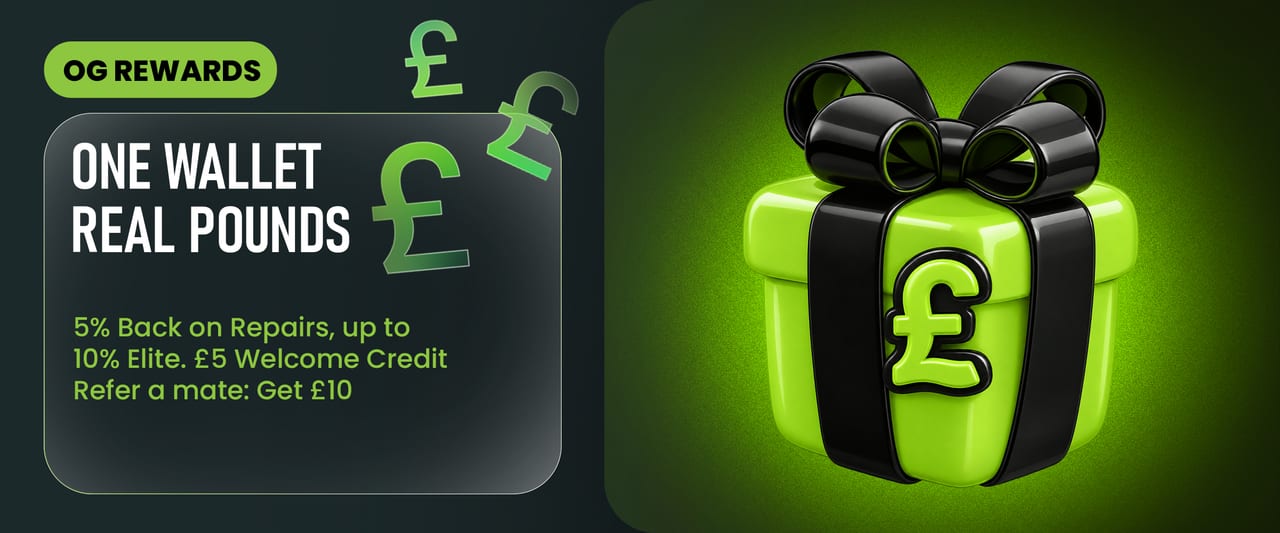 OG Rewards. One wallet, real pounds: 5% back on repairs, up to 10% at Elite. £5 welcome credit. Refer a mate and get £10.