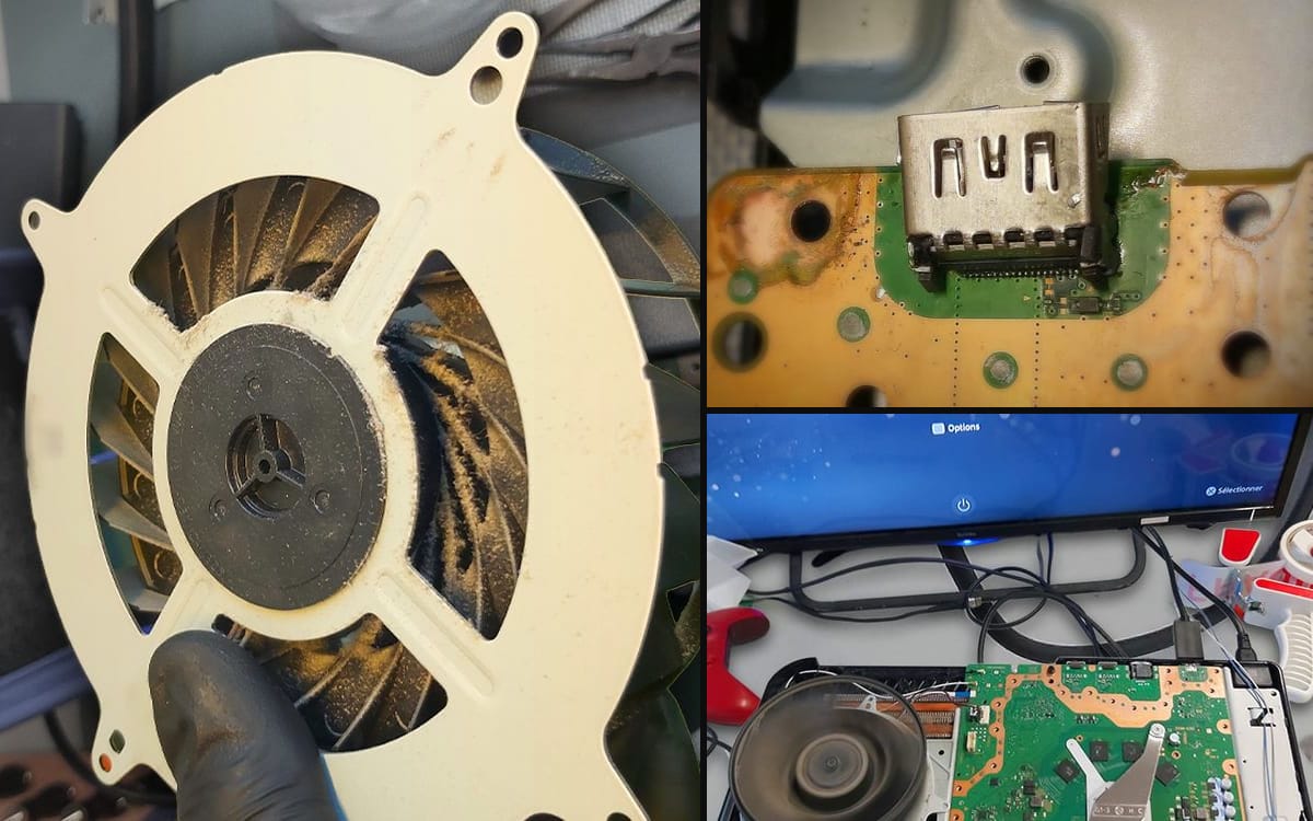 Real repairs from our London bench: a dust-clogged PS5 fan, a damaged HDMI port, and a PS5 board powered back up